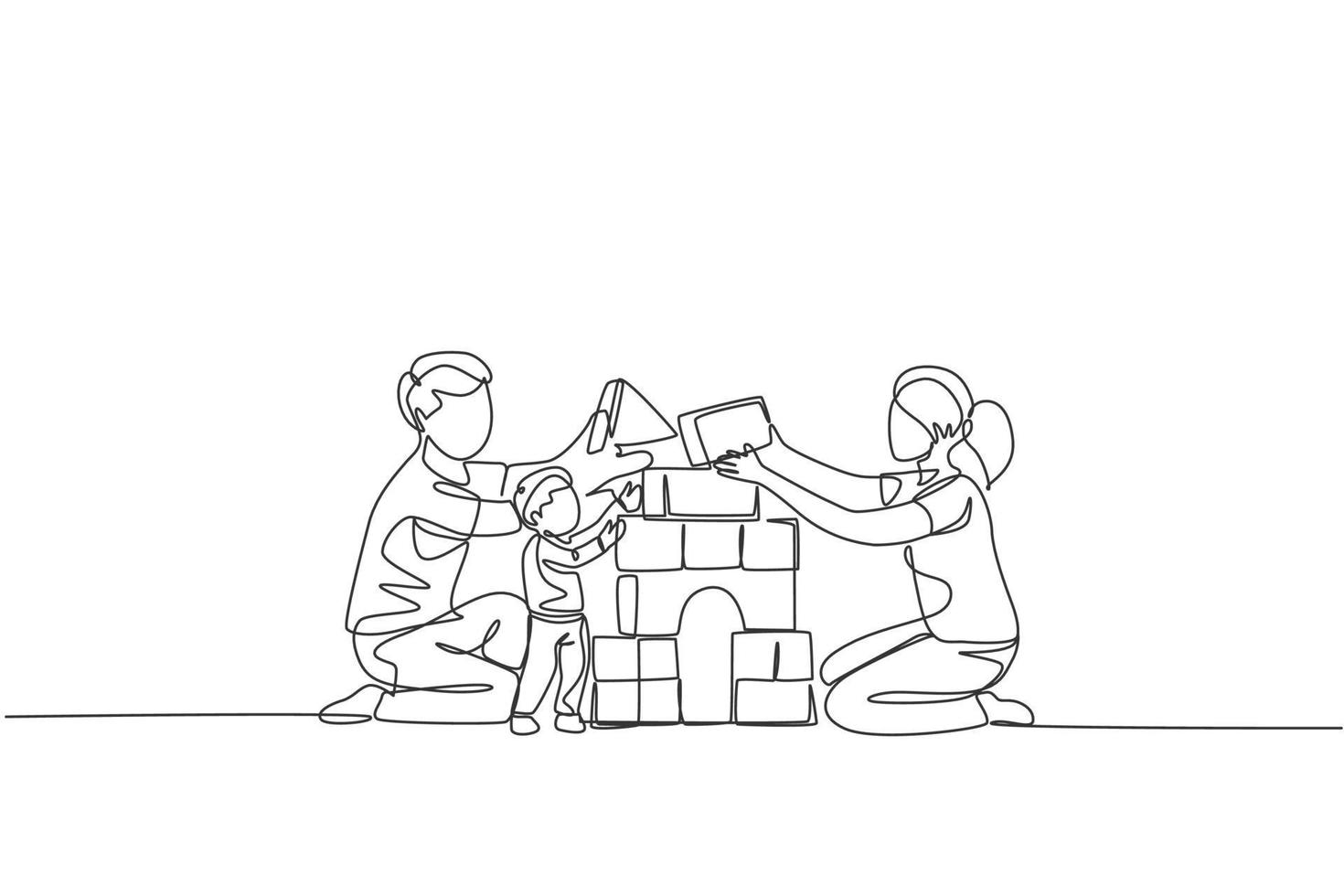 One continuous line drawing of young happy mother and father playing with son building house from foam puzzle blocks toy at home. Family parenting concept. Single line draw design vector illustration