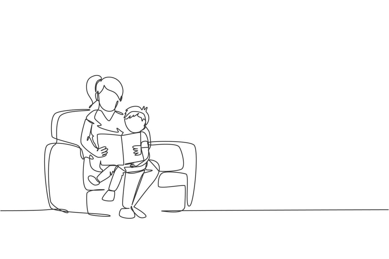 One single line drawing young happy mother and her son siting on sofa reading a story book together vector graphic illustration. Family parenting education concept. Modern continuous line draw design