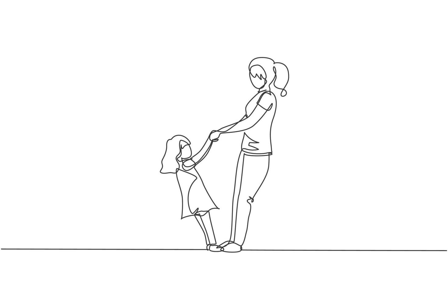 Single continuous line drawing of young mother and her daughter holding hands and dancing together at home. Happy family parenting concept. Trendy one line draw graphic design vector illustration