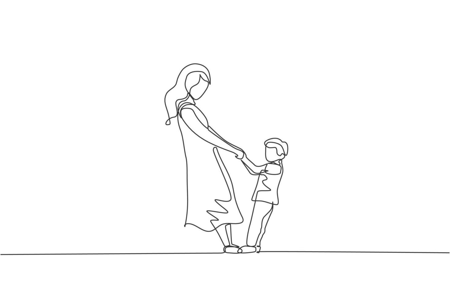 una sola línea de dibujo joven madre feliz y su hijo tomados de la mano y bailando juntos ilustración vectorial gráfica. educación para padres. concepto de paternidad familiar. diseño moderno de dibujo de línea continua vector