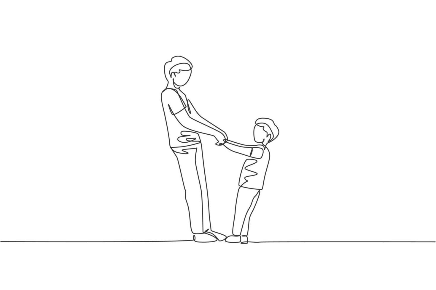 un dibujo de línea continua de un padre joven y su hijo tomados de la mano y bailando juntos en casa, vida familiar. concepto de crianza feliz. Gráfico dinámico del ejemplo del vector del diseño del sorteo de una sola línea