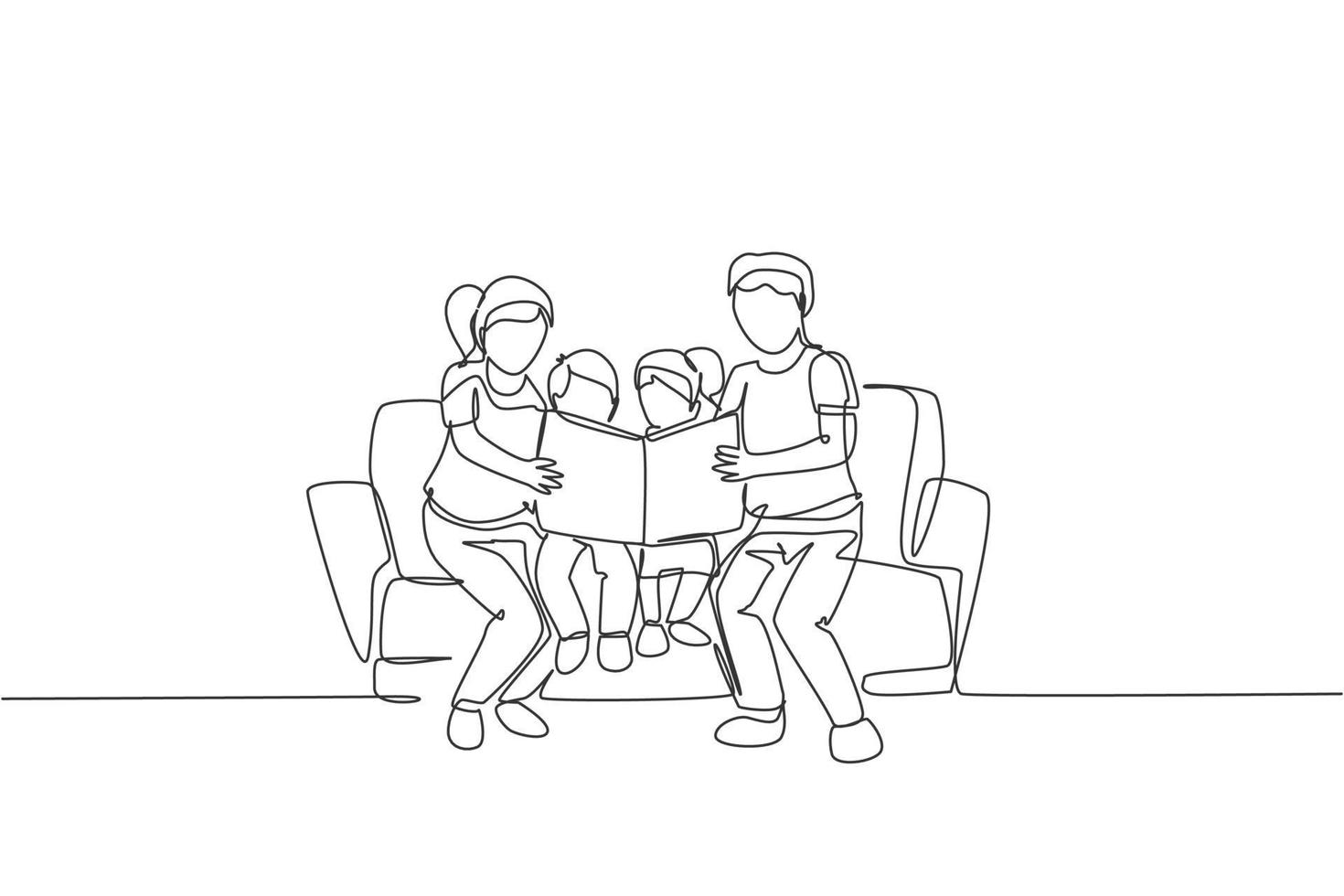 One single line drawing of young happy father and mother siting on sofa to read a story book to their kids together vector illustration. Parenting education concept. Modern continuous line draw design