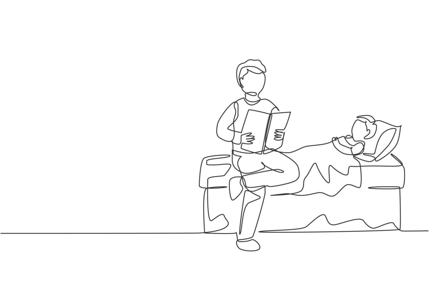 un dibujo de una sola línea de un padre joven sentado en el dormitorio y leyendo un libro de cuentos a su hijo antes de dormir ilustración vectorial. concepto de crianza de los hijos de familia feliz. diseño moderno de dibujo de línea continua vector