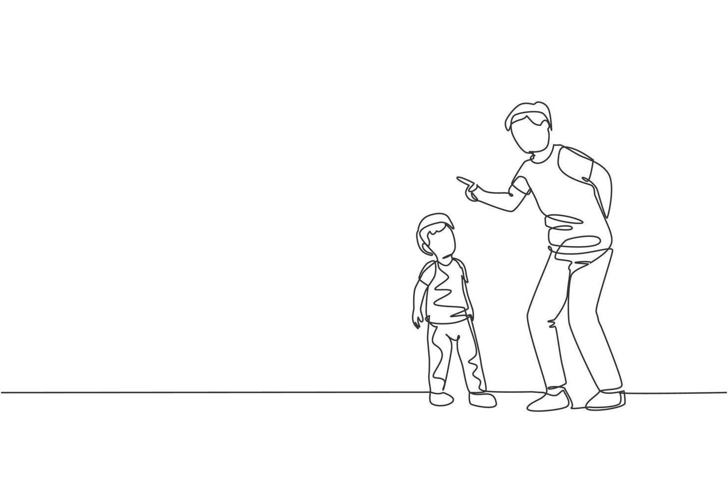 One continuous line drawing of young father giving talk some good advice to his son at home. Communication concept. Happy family parenthood. Dynamic single line draw graphic design vector illustration