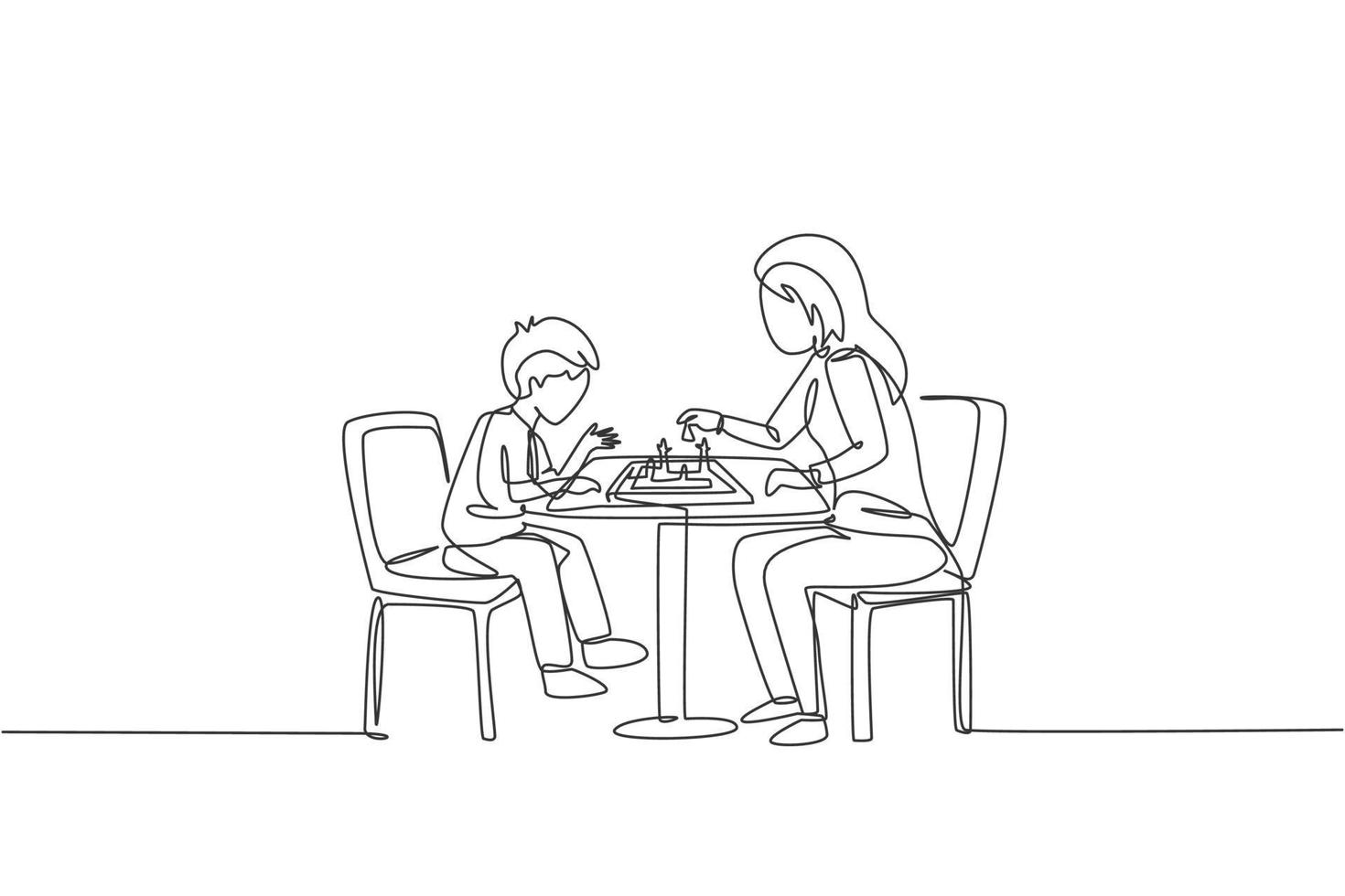 Single continuous line drawing of young mother sitting on chair think seriously playing chess against her son at home. Happy family parenthood concept. Trendy one line draw design vector illustration