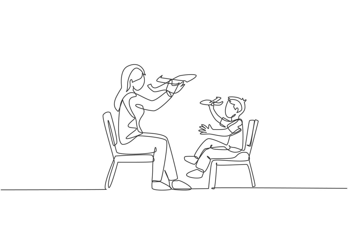 un dibujo de línea continua de una joven madre y su hija sentadas en una silla y jugando un avión de juguete juntas en casa. concepto de paternidad familiar feliz. Ilustración de vector de diseño de dibujo de una sola línea