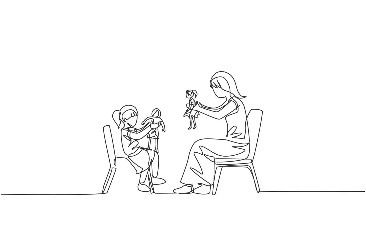 One single line drawing of young mom and her daughter siting on chair and playing princess doll together at home vector illustration. Happy family bonding concept. Modern continuous line draw design