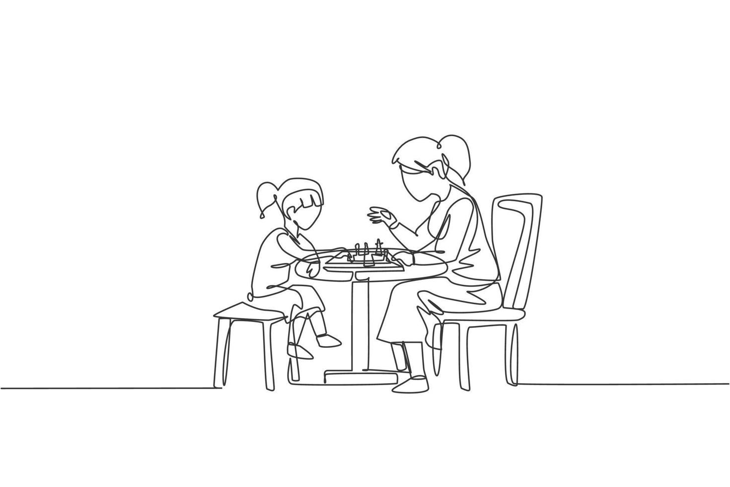 Un dibujo de una sola línea de la joven madre y su hijo sentados en una silla y jugando al ajedrez juntos en la ilustración de vector de casa. concepto de vinculación familiar feliz. gráfico de diseño de dibujo de línea continua moderna