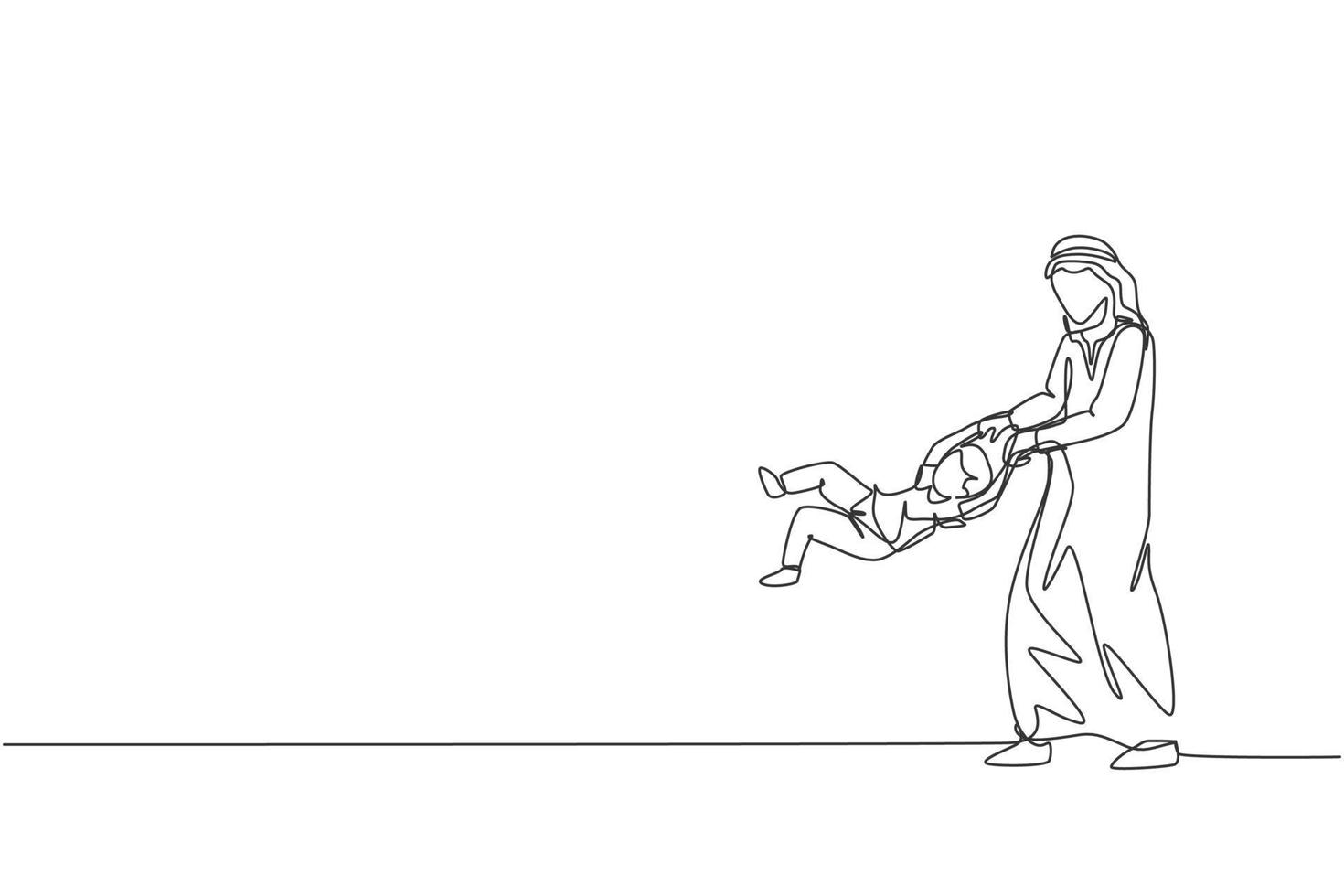 One single line drawing of young Arabian father play and lift his boy son up into the air at home vector illustration. Happy Islamic muslim family parenting concept. Modern continuous line draw design