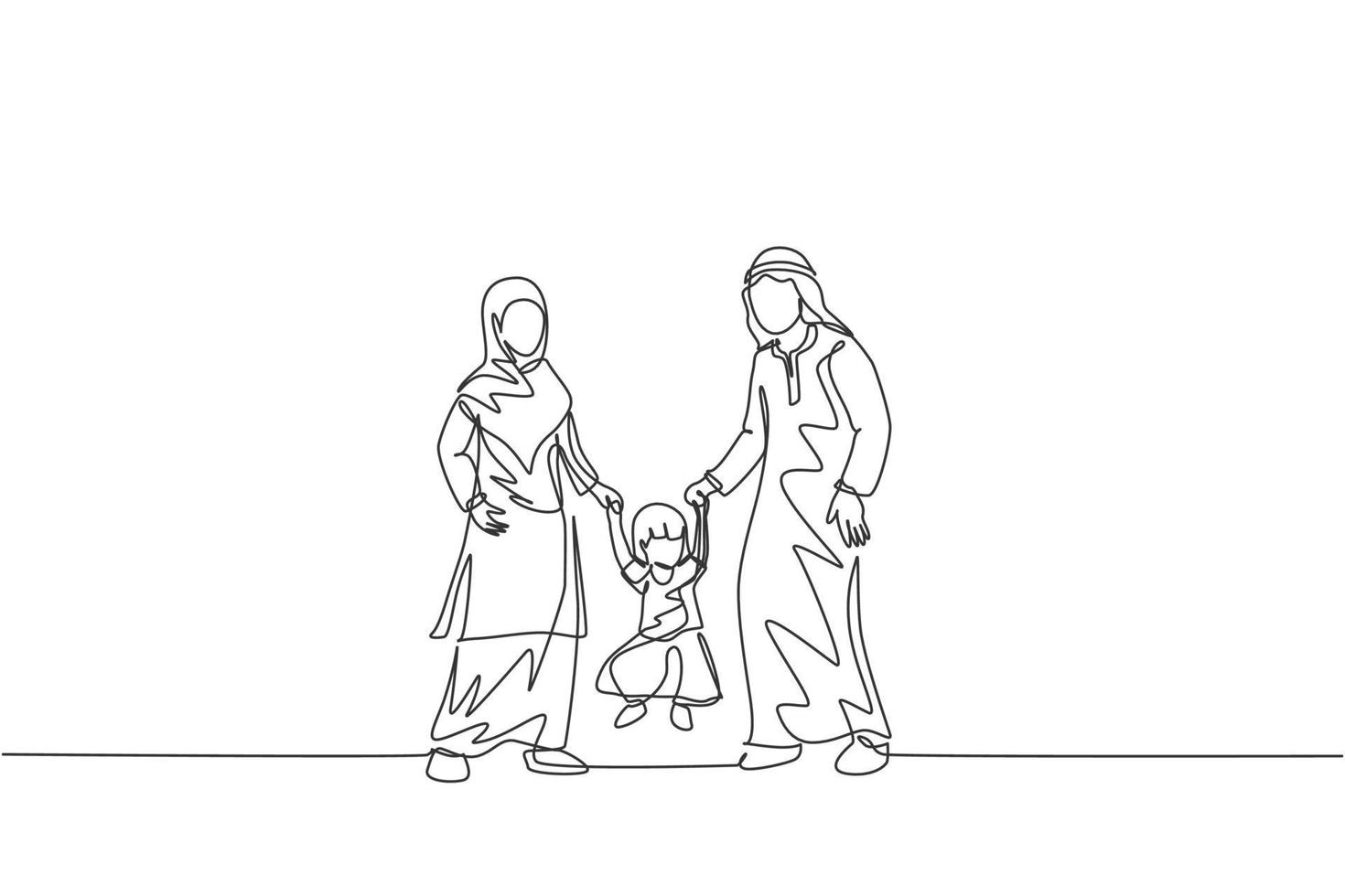 Single continuous line drawing of young Islamic mom and dad playing and holding their daughter's hand, happy parenting. Arabian family care concept. Trendy one line draw design vector illustration