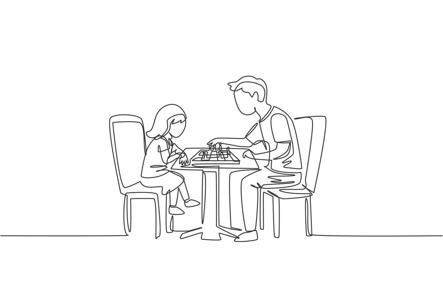 Single continuous line drawing of young father siting on chair think seriously playing chess against his daughter at home. Happy family parenthood concept. One line draw design vector illustration