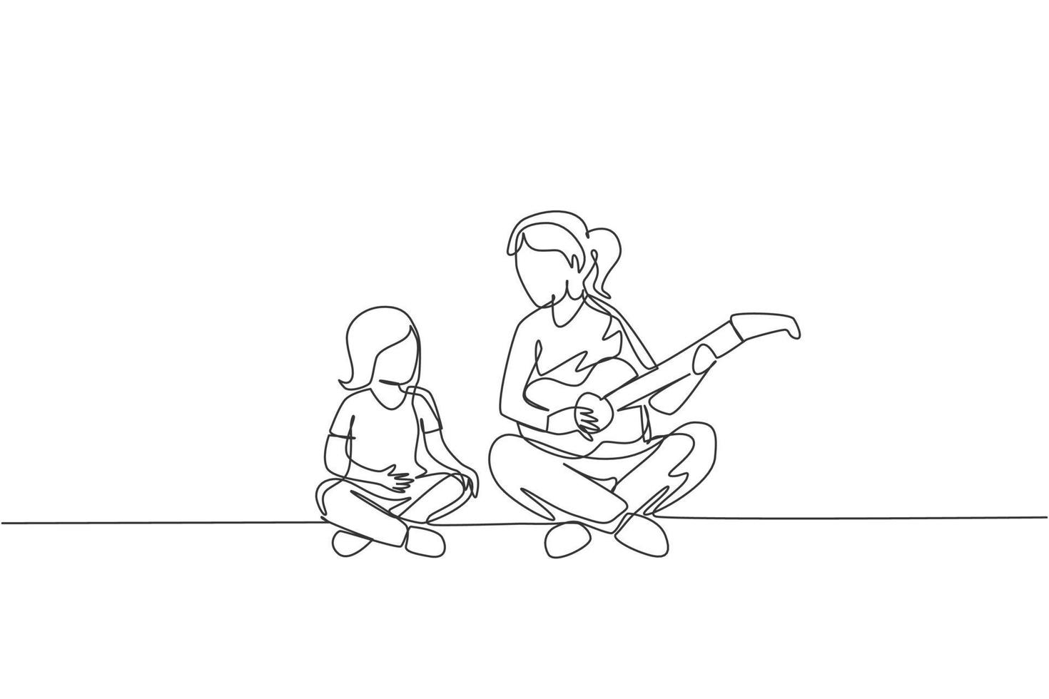 Un dibujo de una sola línea de la joven madre tocando la guitarra y cantando feliz junto con su hijo en la ilustración gráfica de vector de casa. concepto de vinculación familiar feliz. diseño moderno de dibujo de línea continua