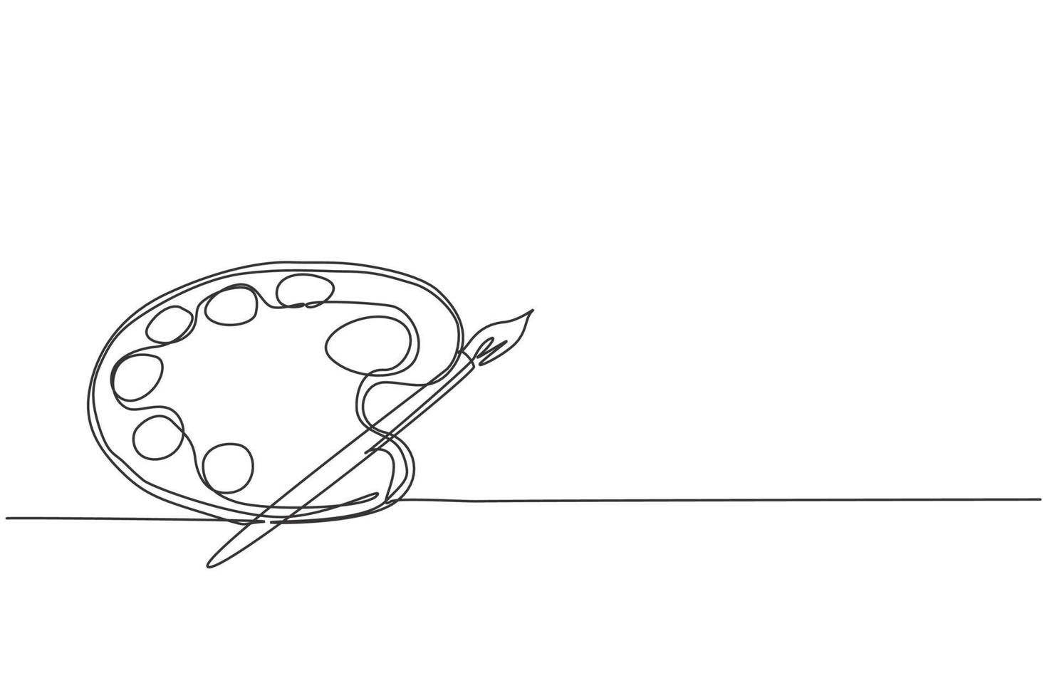 Single one line drawing of brush paint with watercolour palette. Back to school minimalist, art education concept. Continuous simple line draw style design graphic vector illustration
