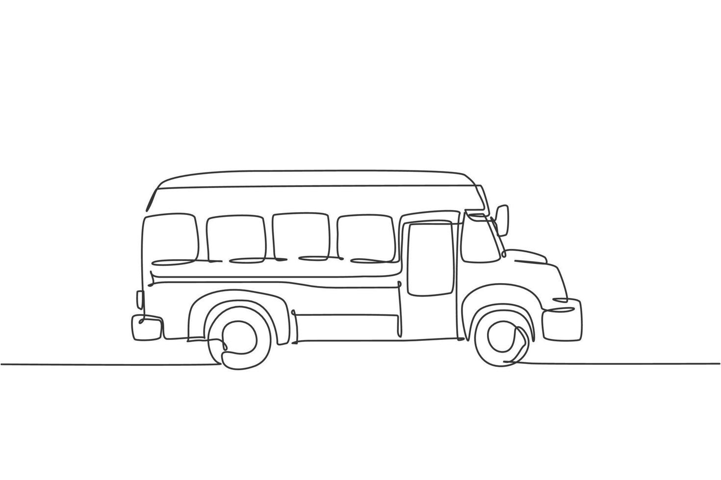 Single continuous line drawing of old elementary school bus vehicle. Back to school minimalist style. Transportation for education concept. Modern one line draw graphic design vector illustration