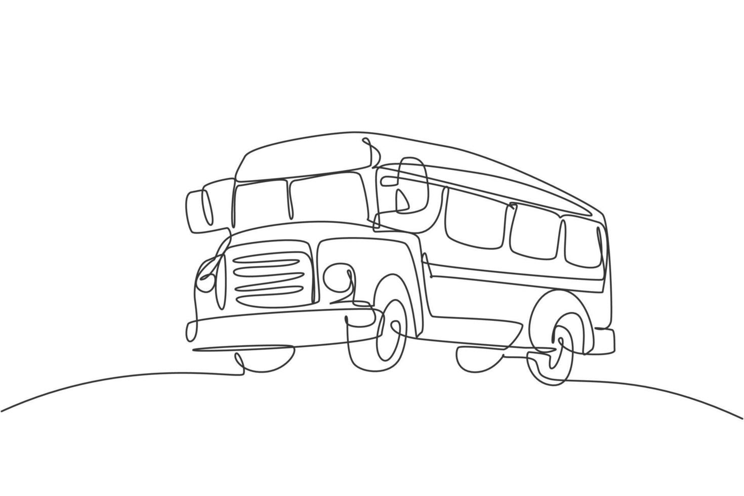 Single one line drawing of old classic school bus for elementary school student. Back to school minimalist, education concept. Continuous simple line draw style design graphic vector illustration