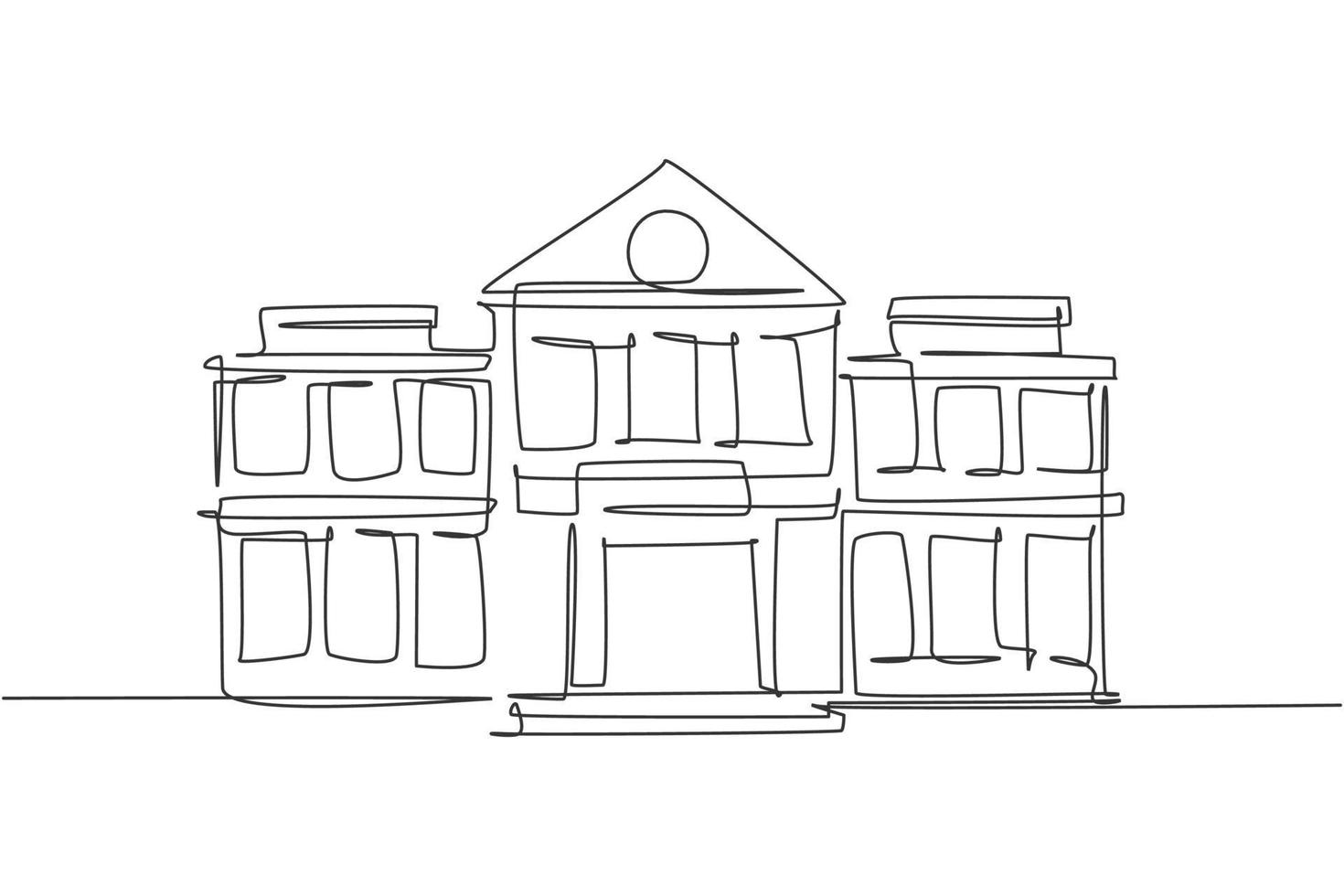 Single continuous line drawing of second story elementary school building. Back to school minimalist style. Education concept. Modern one line draw graphic design vector illustration