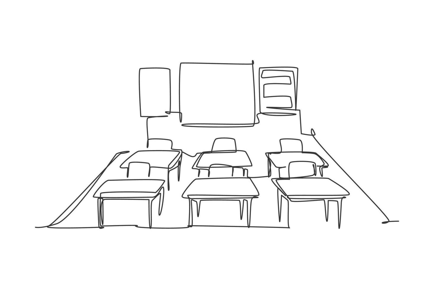 Continuous one line drawing of kindergarten school classroom interior. Back to school hand drawn minimalism concept. Single line draw design for education vector graphic illustration
