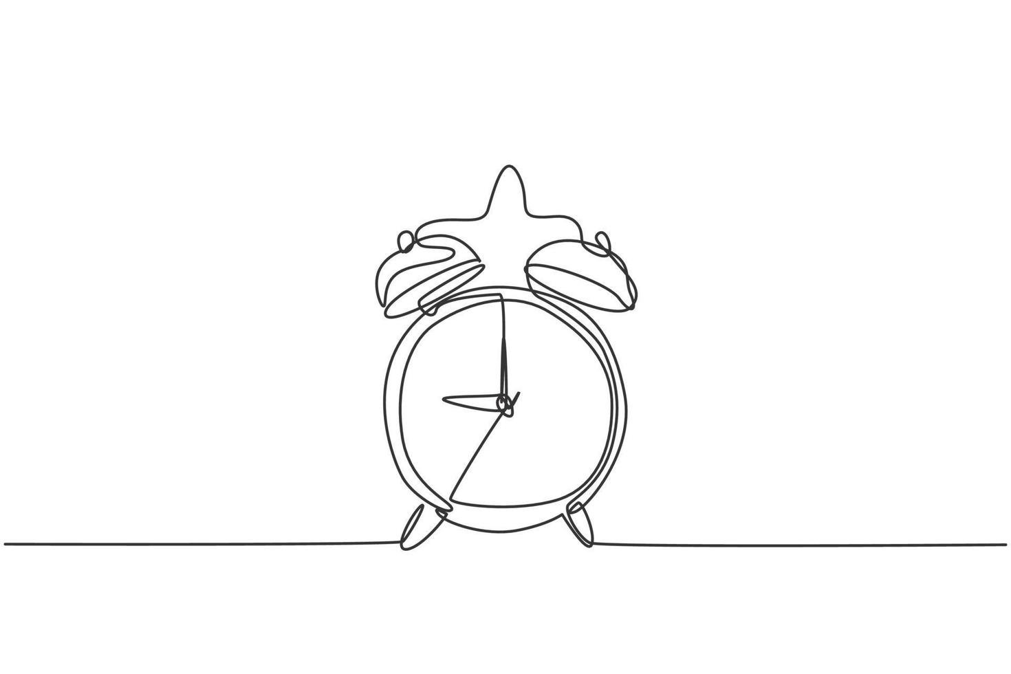 Single continuous line drawing of retro classic metal alarm clock with ring bell. Loud ringing alarm timer for waking up reminder concept. Modern one line draw design graphic vector illustration