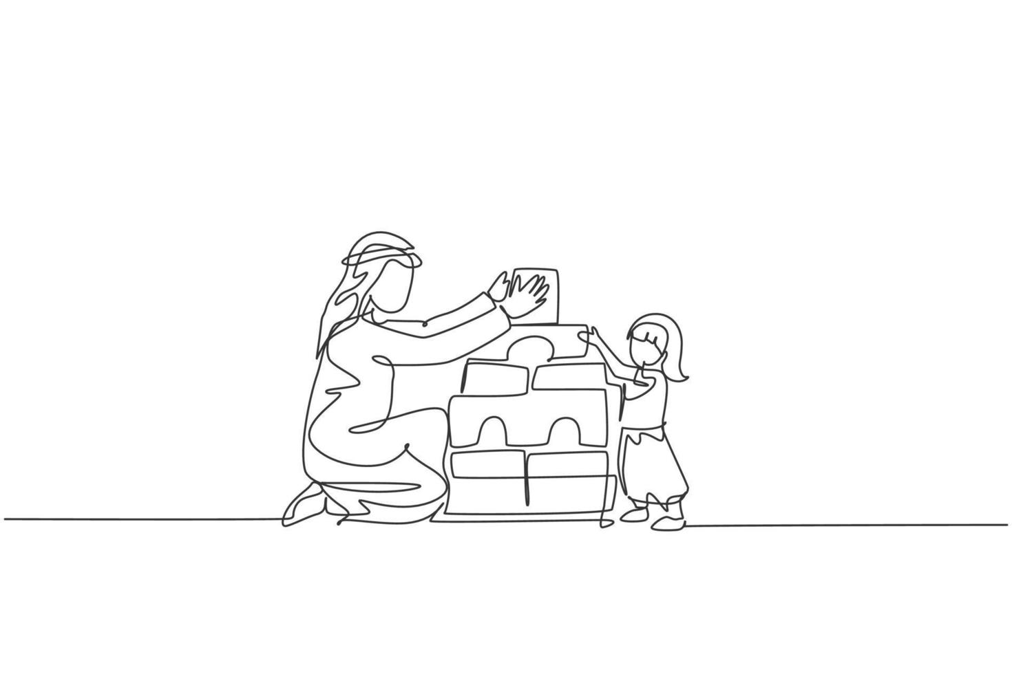 One single line drawing of young Islamic dad playing block foam puzzle house with his daughter at home vector illustration. Happy Arabian family parenting concept. Modern continuous line draw design