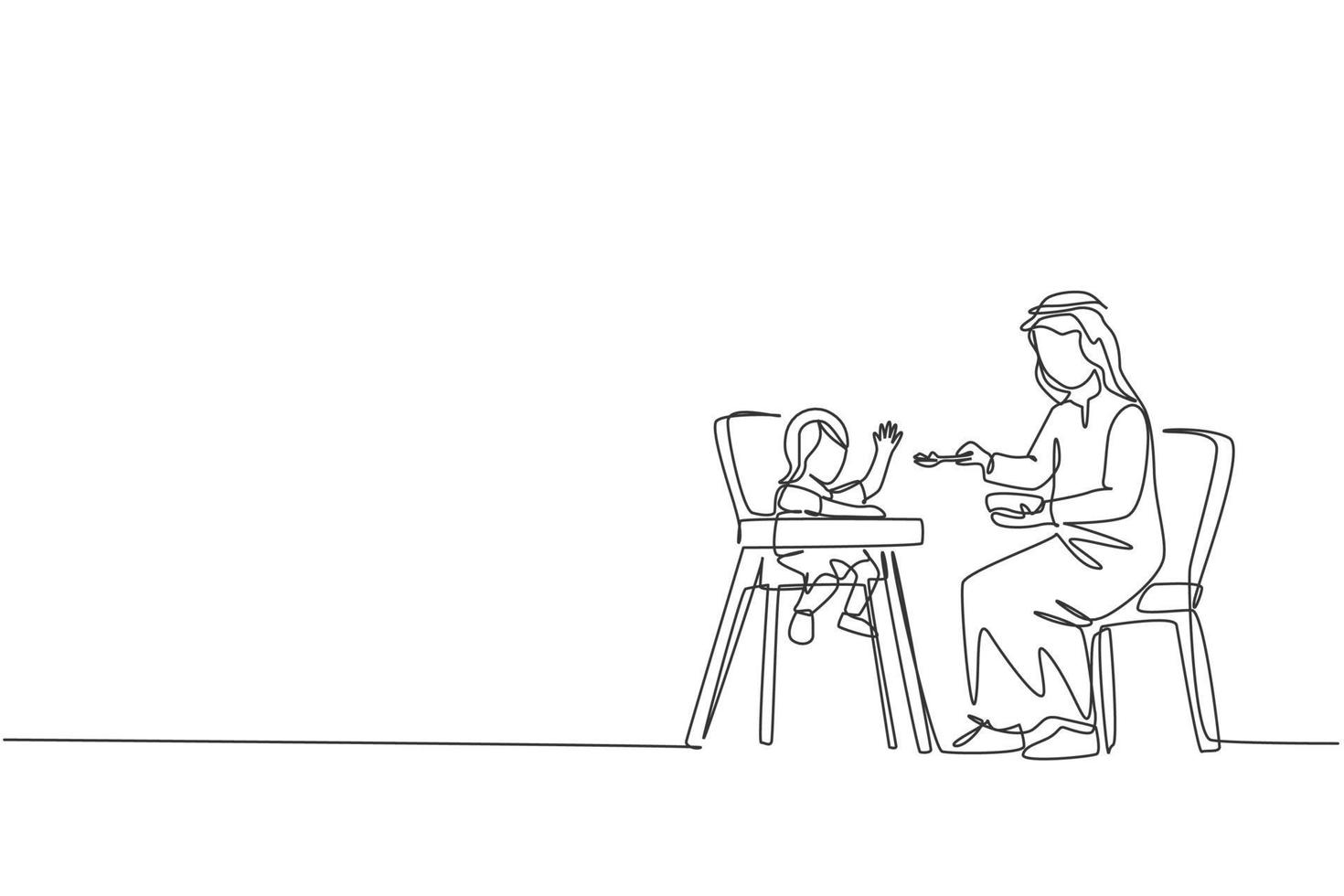 dibujo de línea continua única del joven padre islámico alimentando a su niña pequeña en la mesa del comedor del bebé. concepto de paternidad de familia feliz musulmana árabe. Ilustración de vector de diseño de dibujo de una línea de moda