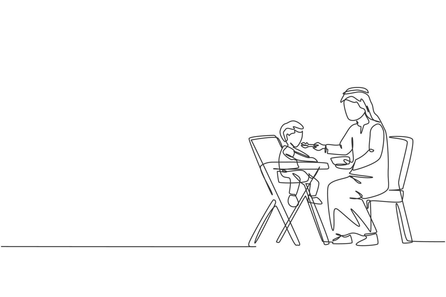 One single line drawing of young Islamic father giving food to his toddler boy on dining table vector illustration. Happy Arabian muslim family parenting concept. Modern continuous line draw design