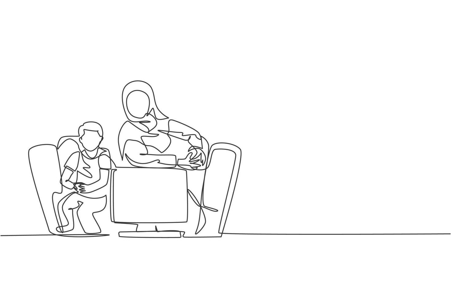 One continuous line drawing of young Islamic mother play console game with her son together at home. Happy Arabian muslim parenting family concept. Dynamic single line draw design vector illustration