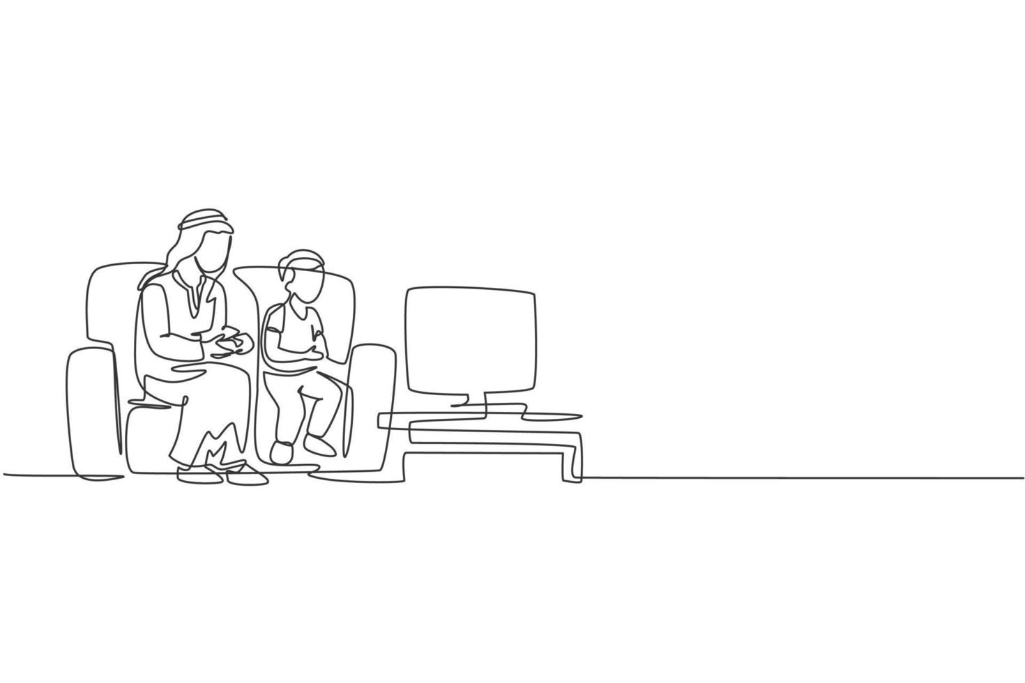 Single continuous line drawing of young Arabian father playing console game at home together with son. Islamic muslim happy family fatherood concept. Trendy one line draw design vector illustration