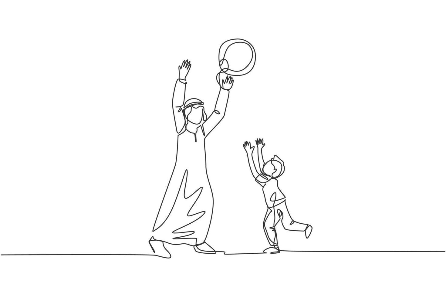 One continuous line drawing of young Arabian father playing together with song and throwing ball. Happy Islamic muslim parenting family concept. Dynamic single line draw design vector illustration