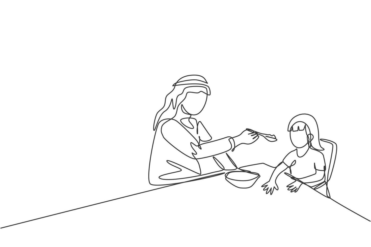 One single line drawing of young Islamic dad feeding nutritious food to daughter at lunch time vector illustration. Happy Arabian muslim family parenting concept. Modern continuous line draw design