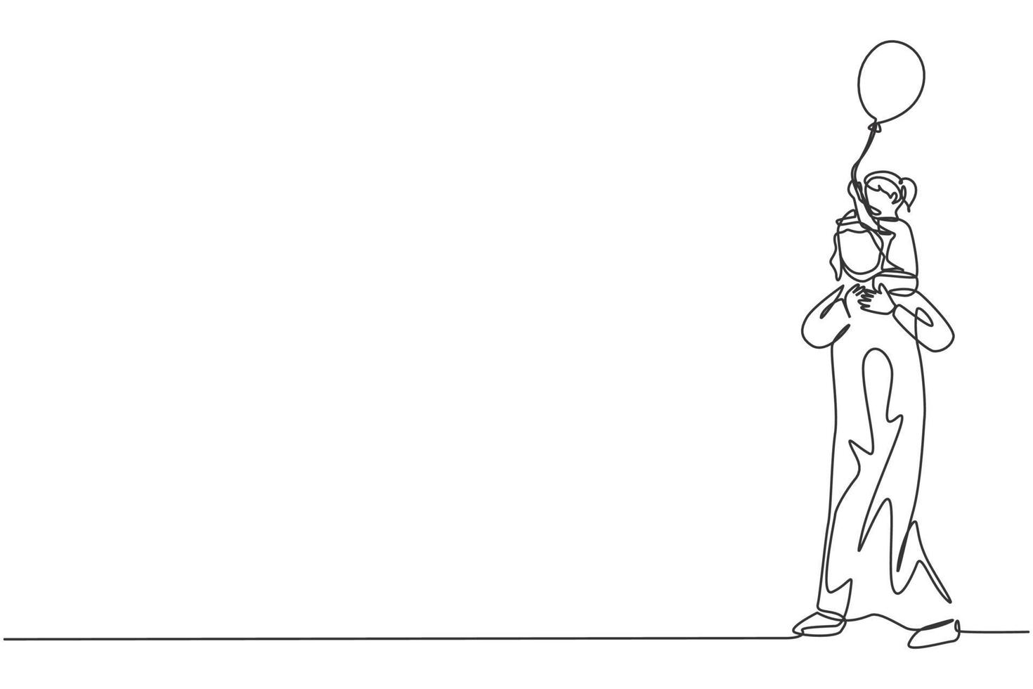 One continuous line drawing of young Islamic dad holding his daughter on shoulder while walking at park. Happy Arabian muslim parenting family concept. Single line draw design vector illustration