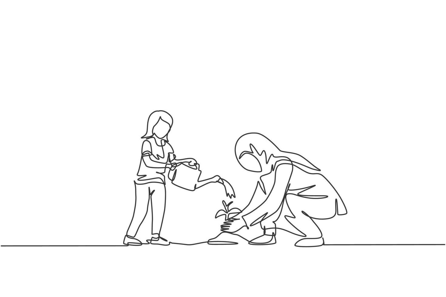 Un dibujo de una sola línea de la joven hija islámica ayuda a su madre a regar la planta plantada en la ilustración de vector de tierra. feliz concepto de crianza de los hijos de la familia musulmana árabe. diseño moderno de dibujo de línea continua