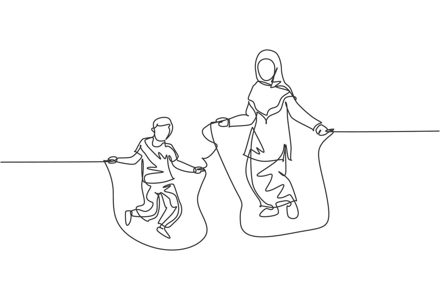 dibujo de una sola línea continua de una joven madre islámica y su hijo jugando a saltar la cuerda y saltar. concepto de maternidad de familia feliz musulmana árabe. Ilustración de vector de diseño de dibujo de una línea de moda