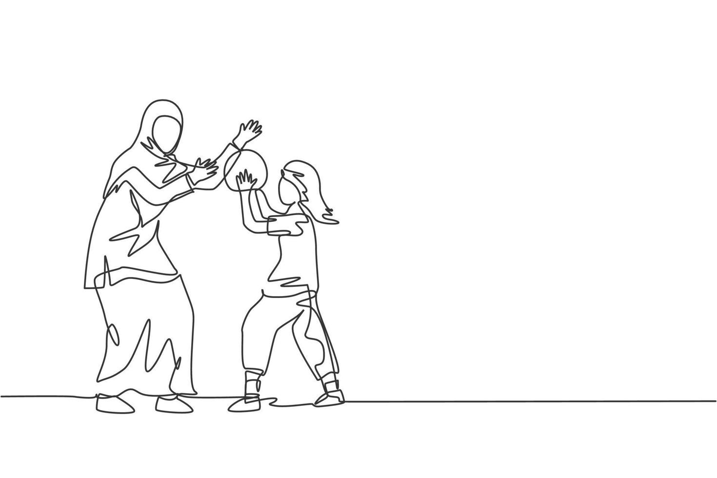 One continuous line drawing of young Islamic mom playing basketball with daughter at outfield park. Happy Arabian muslim parenting family concept. Dynamic single line draw design vector illustration