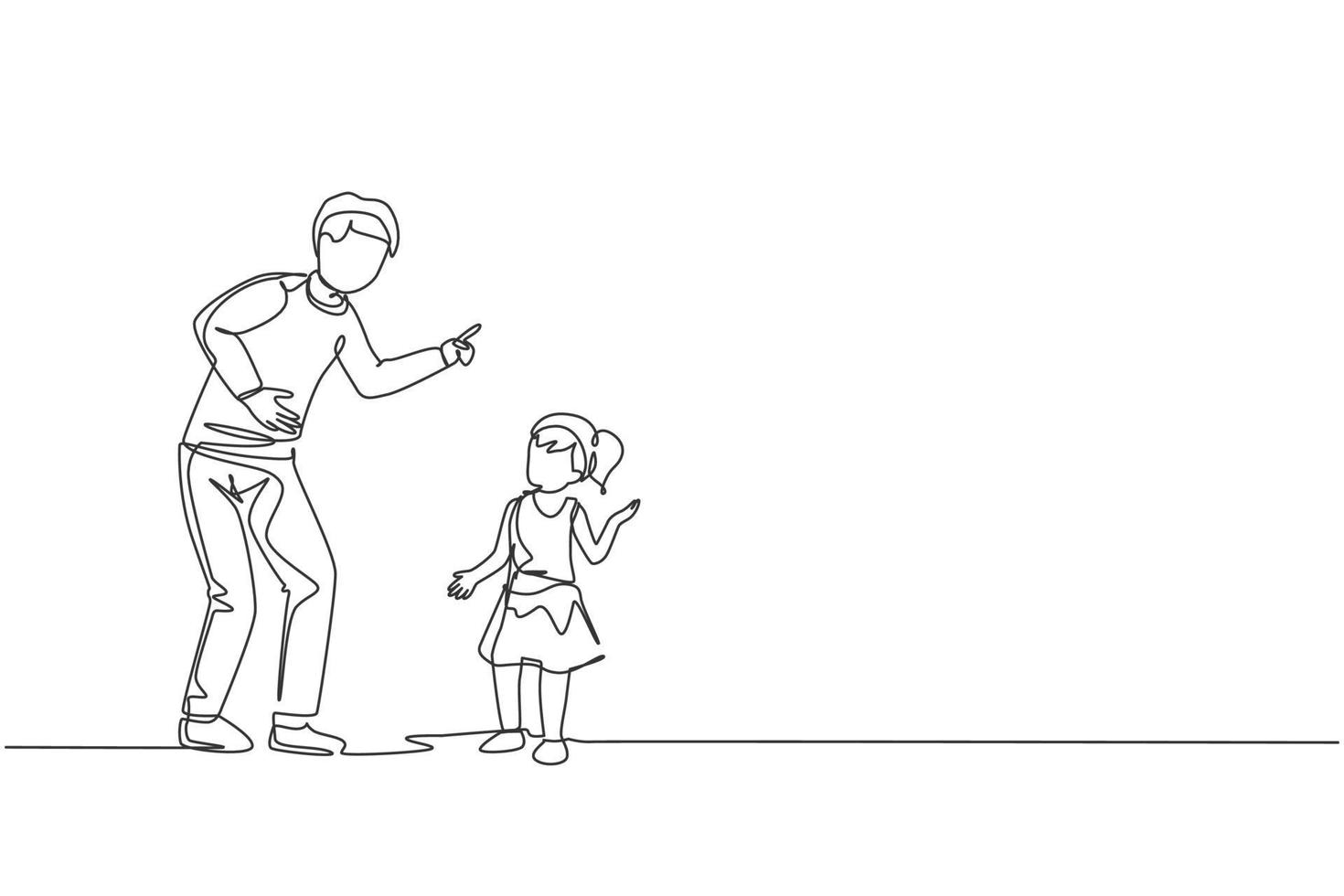 dibujo de una sola línea de papá joven dando a hablar algunos buenos consejos a su hija en la ilustración gráfica de vector de casa. concepto de comunicación. crianza familiar feliz. diseño moderno de dibujo de línea continua