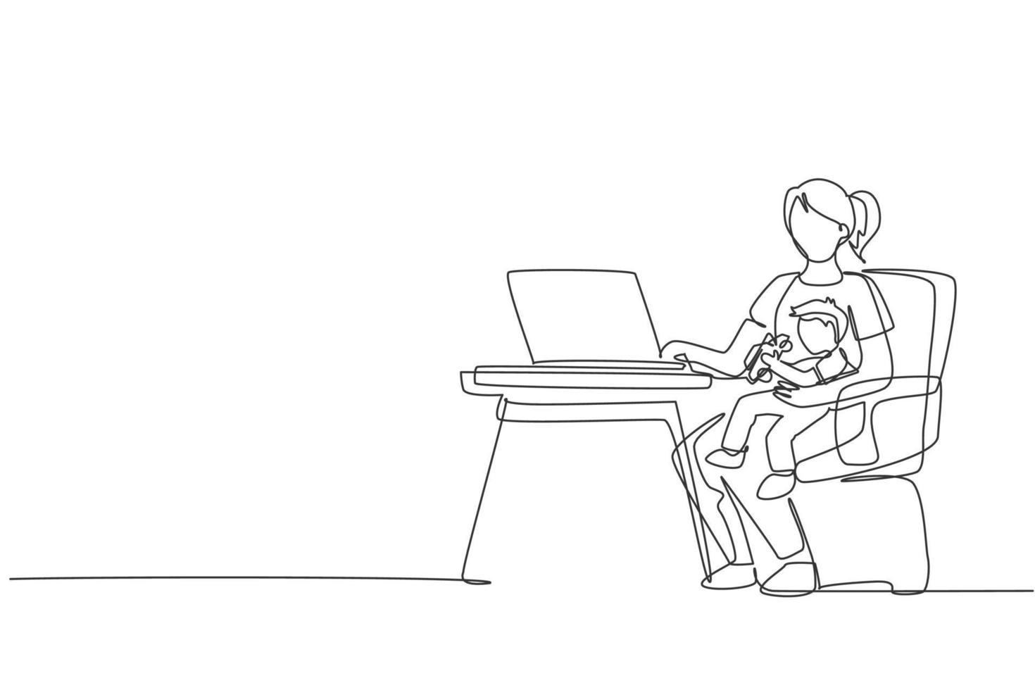 dibujo de una sola línea continua de una madre joven sentada en una silla y sosteniendo a su hijo mientras escribe en la computadora portátil, trabaja desde casa. concepto de crianza de los hijos de familia feliz. gráfico de ilustración de vector de diseño de dibujo de una línea