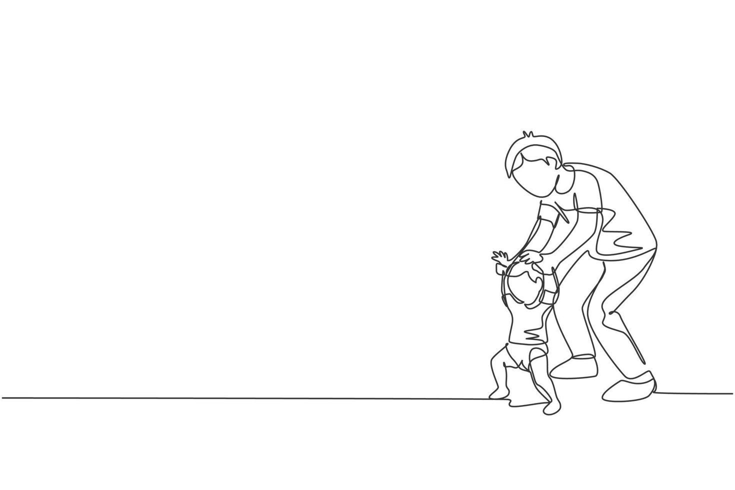 One continuous line drawing of young father teaching his son learning lead walk at home. Happy family parenthood concept. Dynamic single line draw graphic design vector illustration