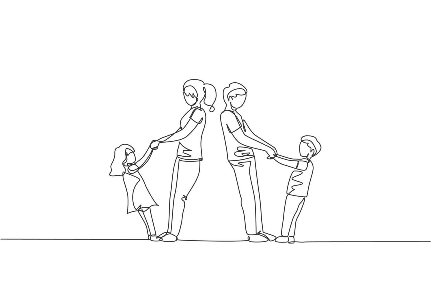 One single line drawing of young mom and dad holding their son and daughter hand while dancing together at home vector illustration. Happy family parenting concept. Modern continuous line draw design