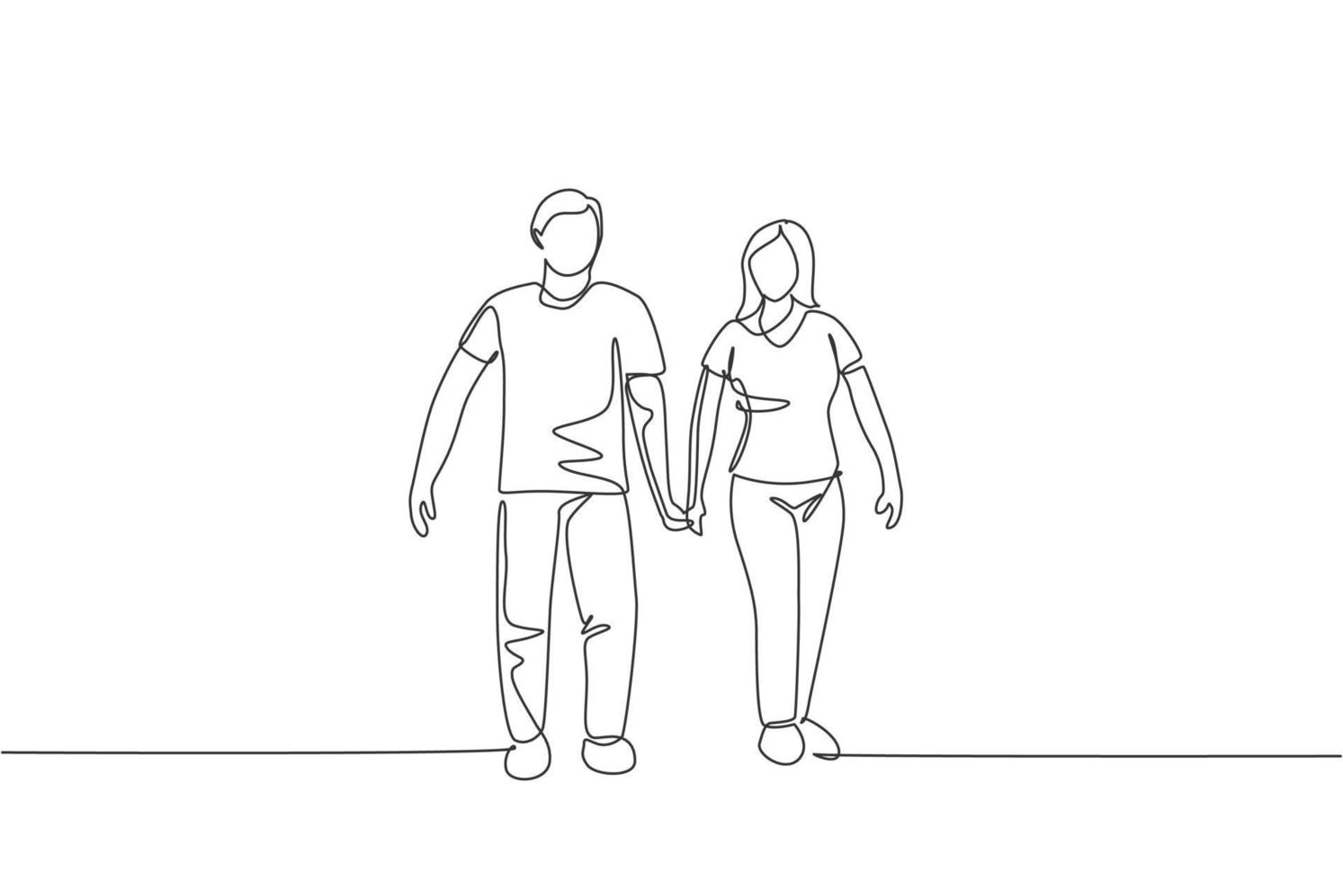 un solo dibujo de una pareja joven esposa y esposo caminando juntos  mientras se toman de