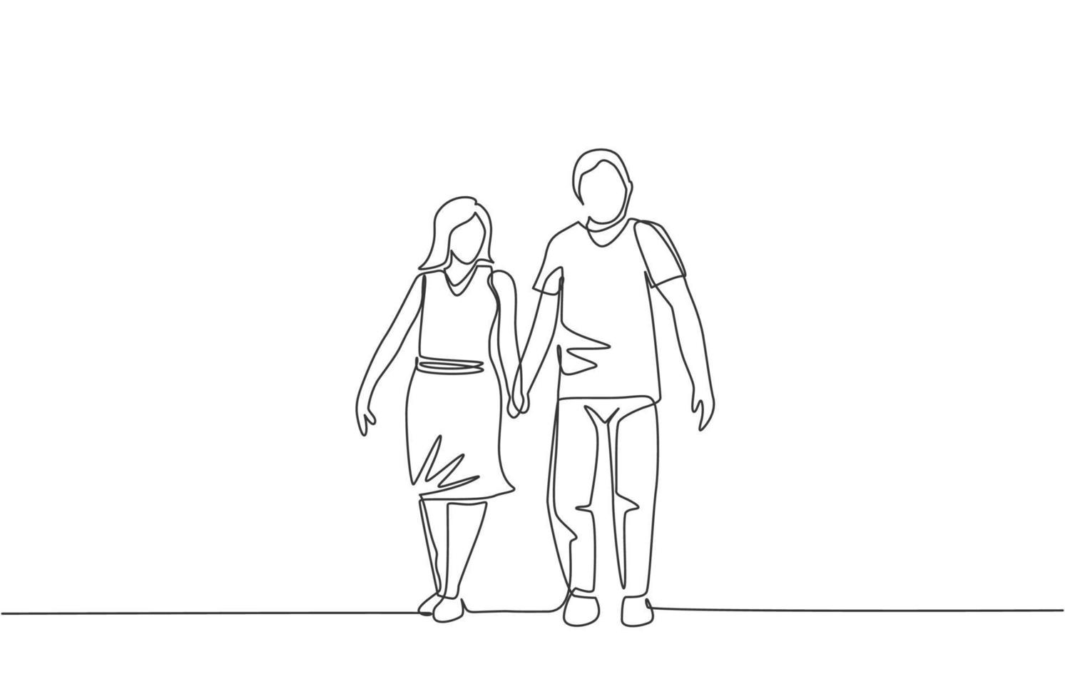 un dibujo de línea continua de la joven pareja esposa y esposo caminando y  tomados de