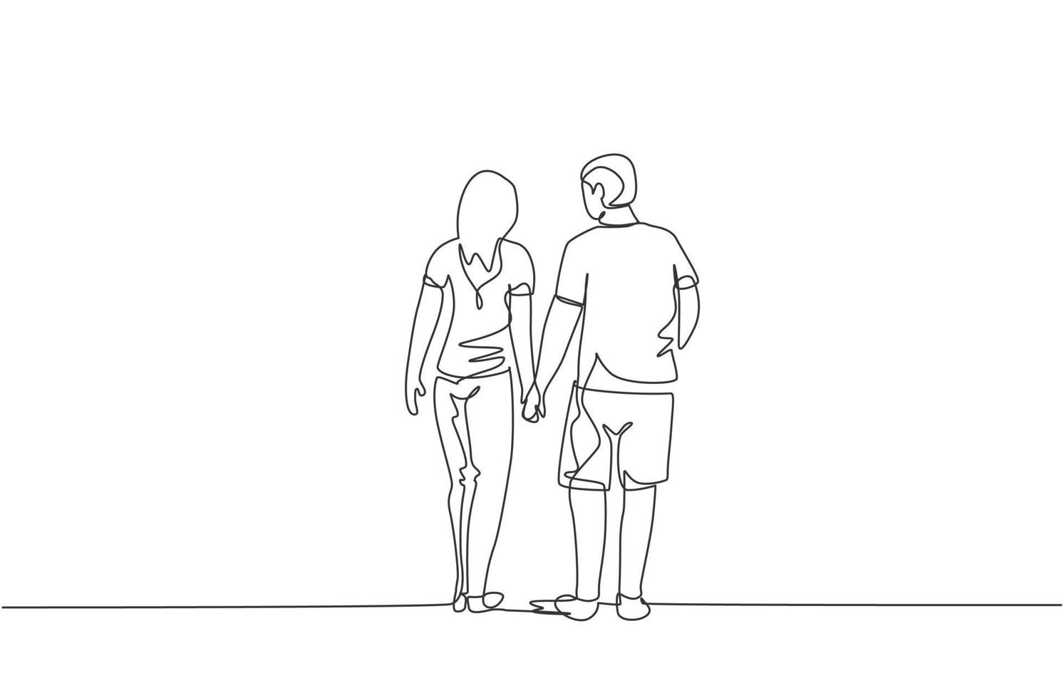 un dibujo de línea continua de la joven pareja esposa y esposo caminando y tomados de la mano juntos, vista posterior. concepto de crianza de los hijos de familia feliz. Ilustración de vector de diseño de dibujo de línea única dinámica