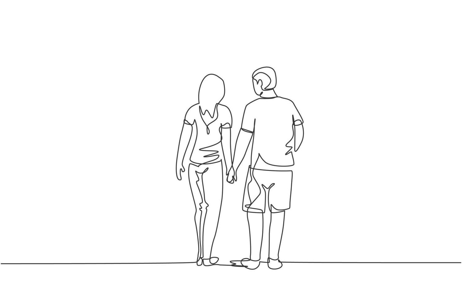 un dibujo de línea continua de la joven pareja esposa y esposo caminando y tomados de un dibujo de línea continua de la joven pareja esposa y esposo caminando y tomados de