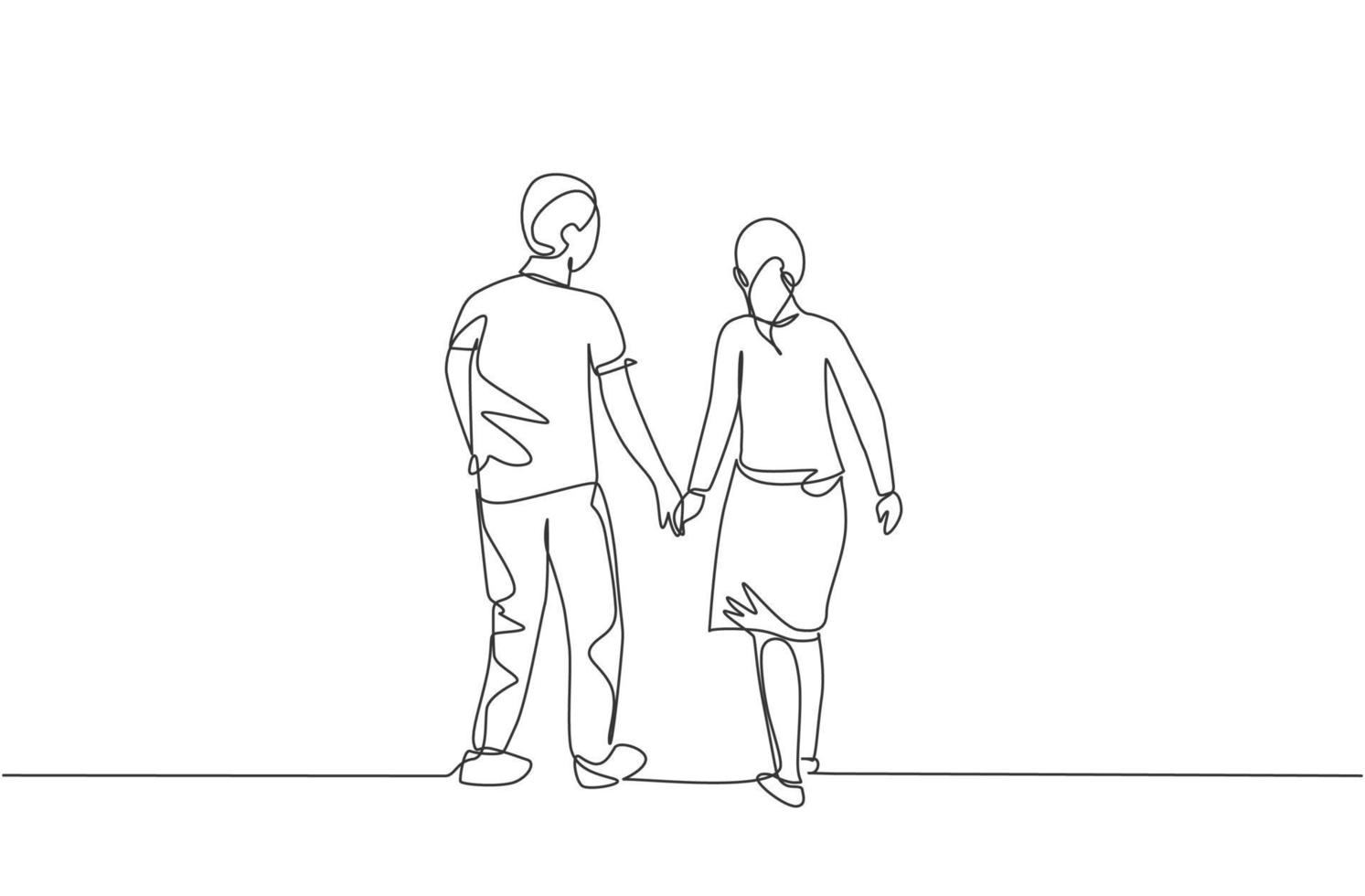 dibujo de línea continua única de pareja joven esposa y esposo caminando  juntos y tomados de