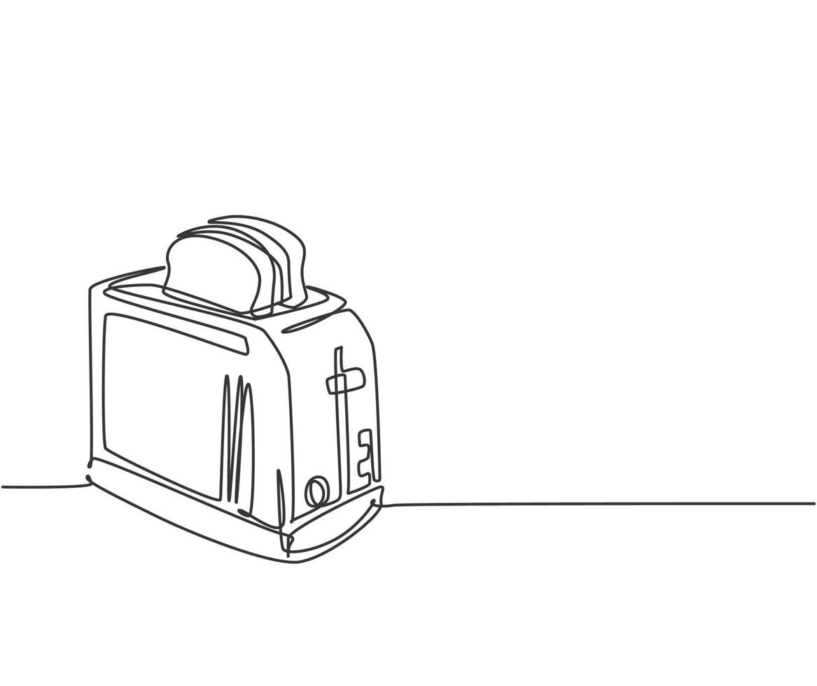 One single line drawing of classic bread toaster home appliance. Electricity kitchenware tools concept. Dynamic continuous line draw graphic design illustration vector