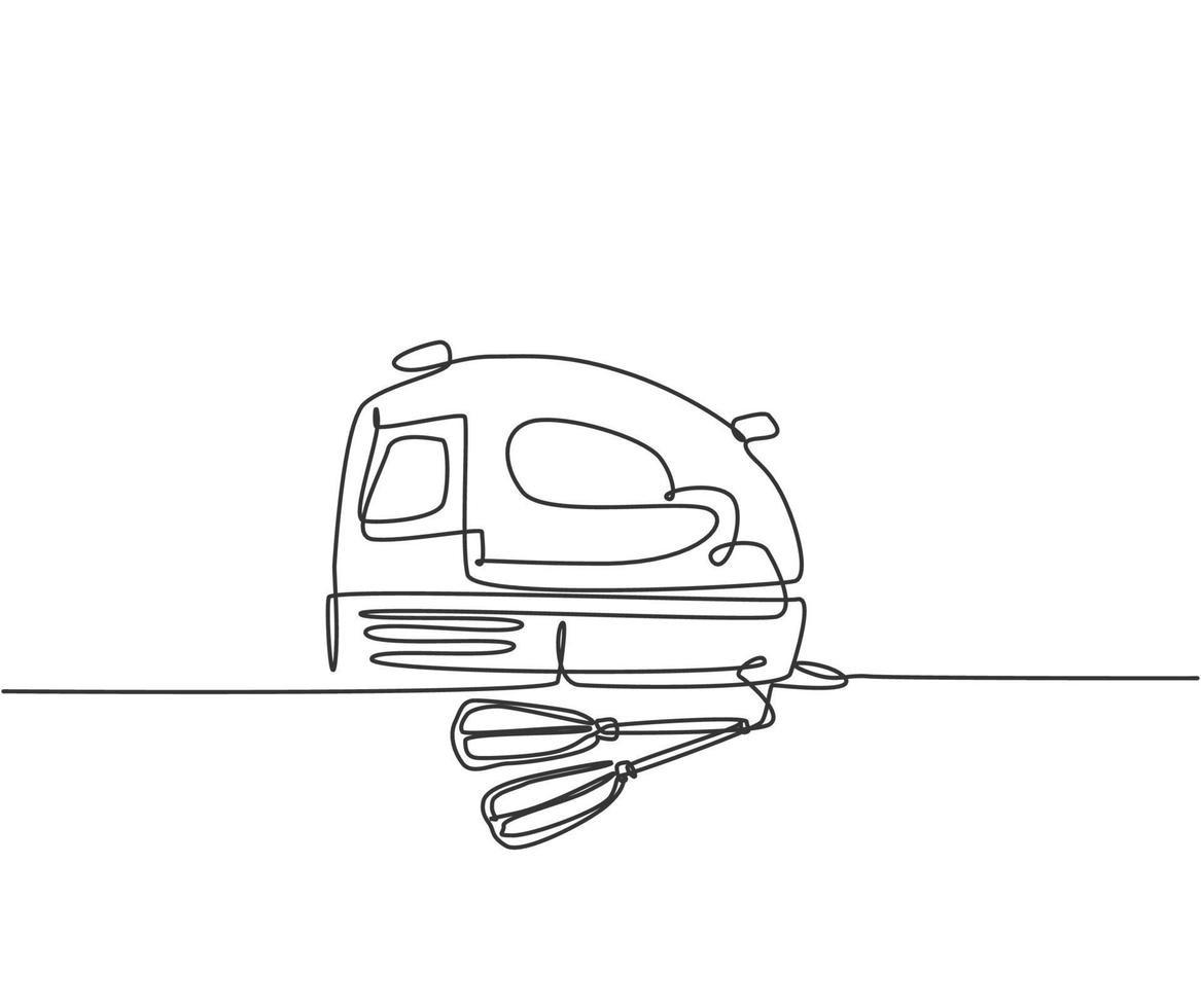 Single continuous line drawing of electric hand mixer household utensil for making bakeries and cookies. Electronic home appliance concept. Modern one line draw design graphic vector illustration
