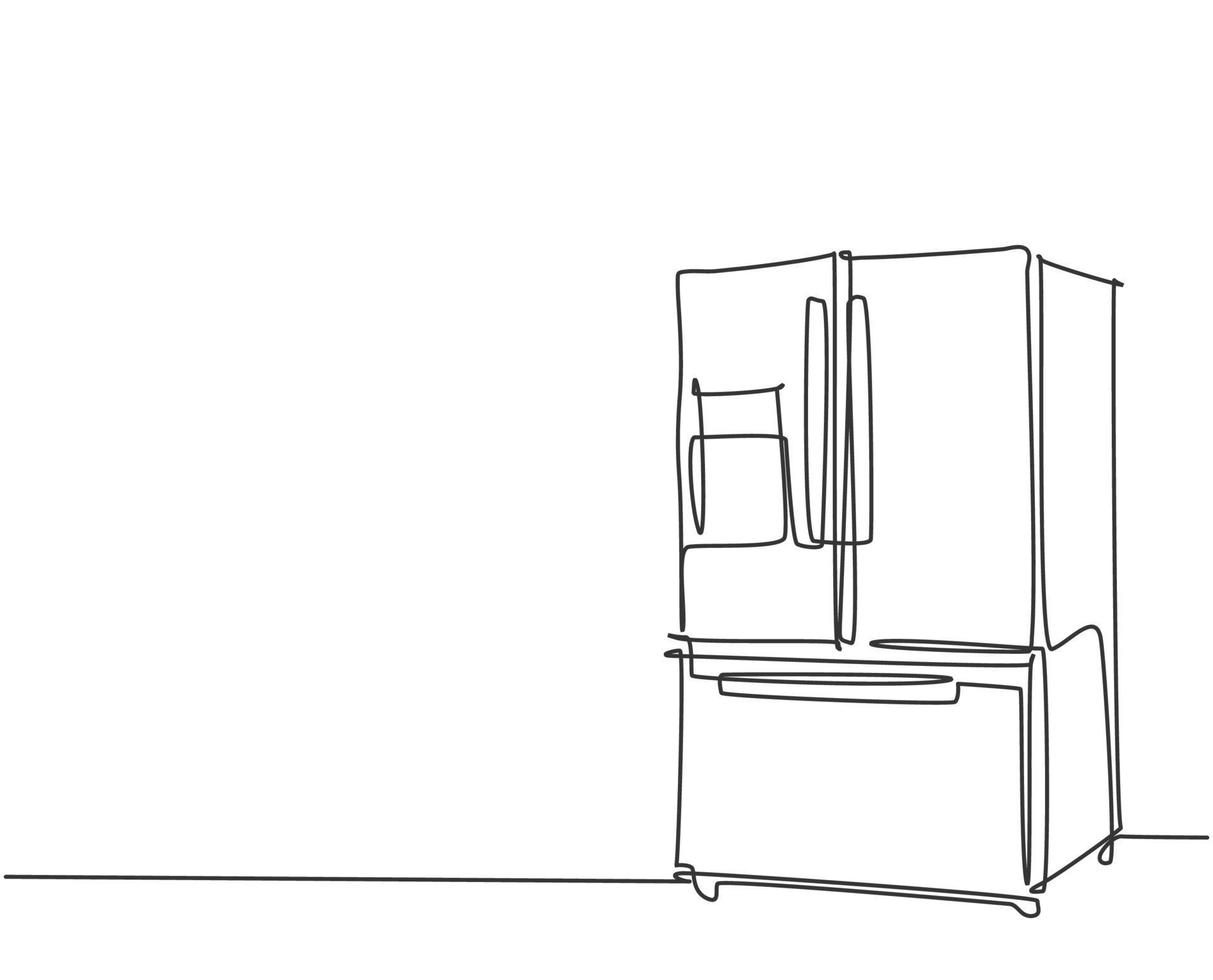 Un dibujo de linea continua de un electrodoméstico electrodoméstico de lujo con refrigerador de tres puertas. concepto de plantilla de gadget de hogar de electricidad. Ilustración gráfica de vector de diseño de dibujo de línea única de moda