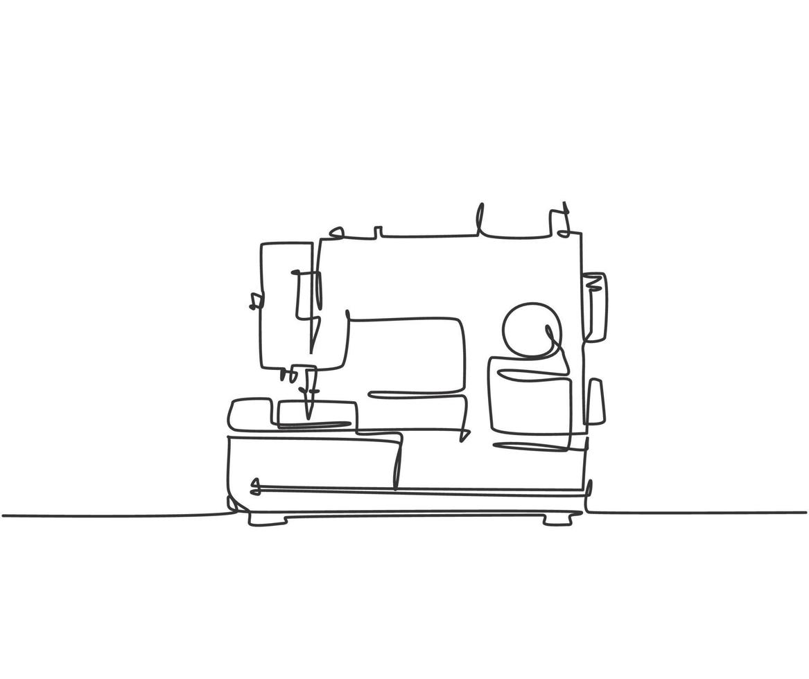 One single line drawing of classic sewing machine home appliance for tailor equipment. Electricity textile factory tools concept. Dynamic continuous line graphic draw design illustration vector