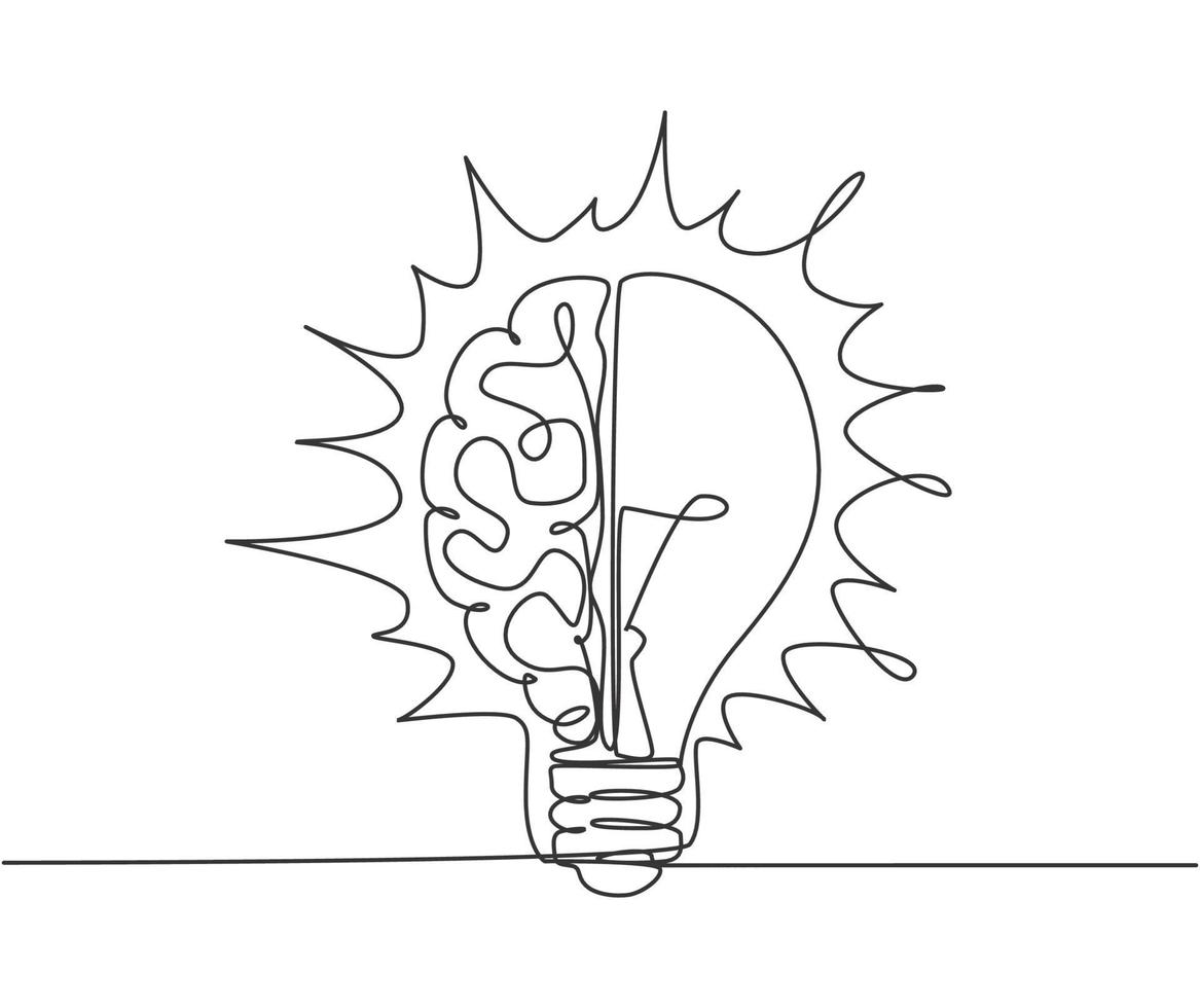 One continuous line drawing of half human brain and half light bulb logo emblem. Genius psychological logotype icon template concept. Modern single line draw graphic design vector illustration