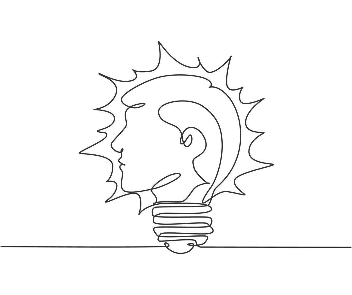 One continuous line drawing of human head from side view inside shining light bulb logo emblem. Smart company logotype icon template concept. Modern single line draw graphic design vector illustration