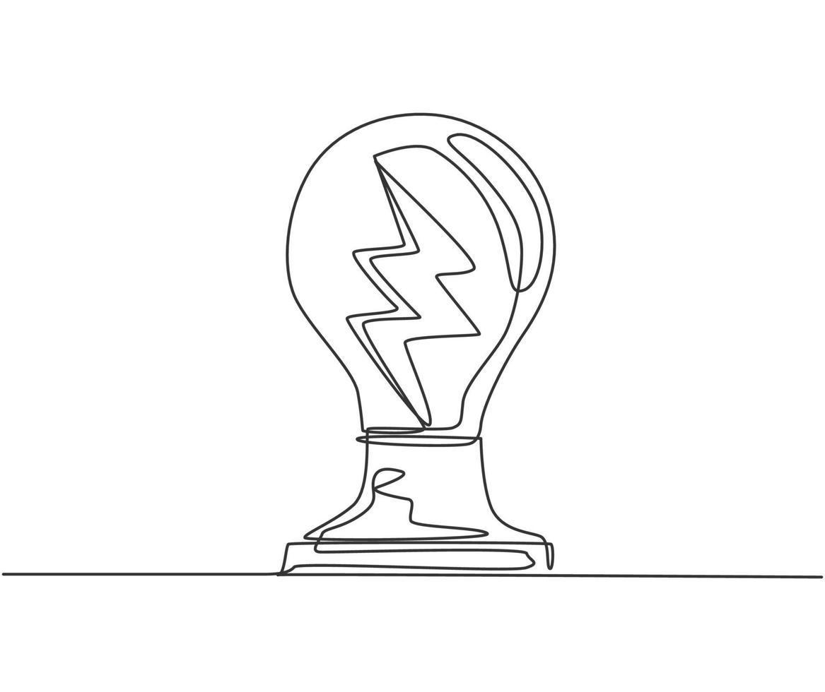 dibujo de una sola línea continua de la bombilla de luz brillante con un perno de trueno dentro de la etiqueta del logotipo. Encienda el concepto de etiqueta de icono de electricidad. aillustration de vector de diseño gráfico de dibujo de una línea de moda