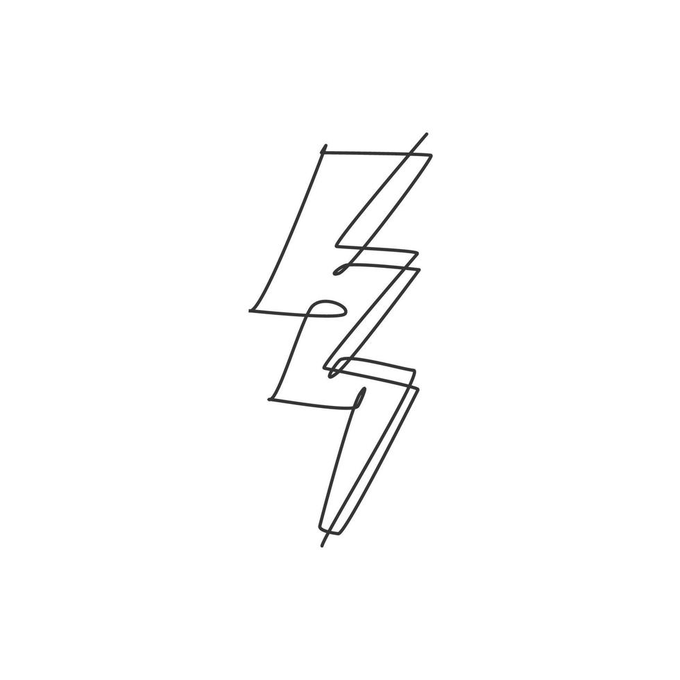 One continuous line drawing of thunder bolt light logo emblem. Power up electricity logotype icon template concept. Modern single line draw graphic design vector illustration